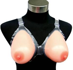 Silicone breastforms built into a clear plastic bra. These ones are a D-cup for those who prefer a little bit more up top.