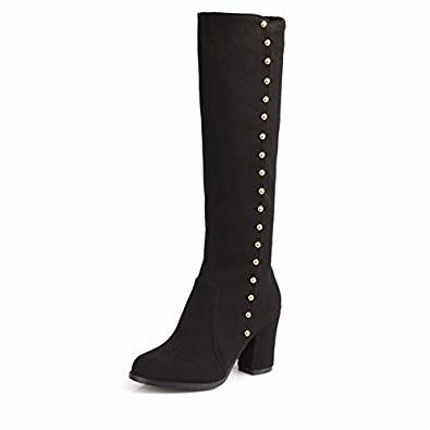 Black block heel knee-high boot with rivet detail