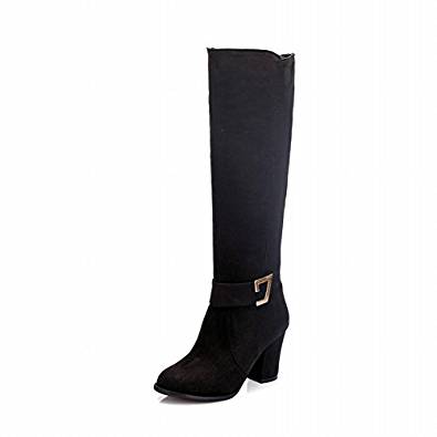 Black block heel knee-high boot with buckle