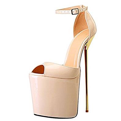 Crazy high stiletto heel ankle-strap peep-toe court shoe in red, pink, gold, black, silver and nude