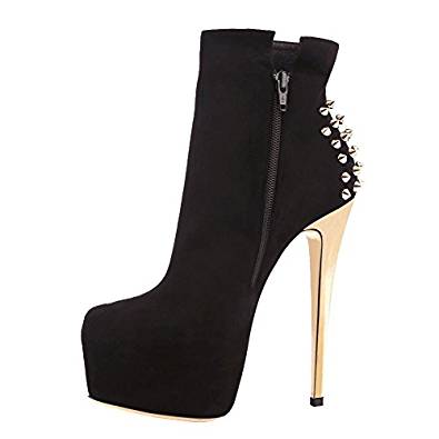 Sexy black suede stiletto heel ankle boots with rivet detail