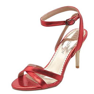 Lower Heel Stiletto Ankle Strap Sandals in red, gold or silver