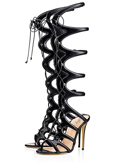 High stiletto heel lace-up gladiator style sandals in black and leopard skin