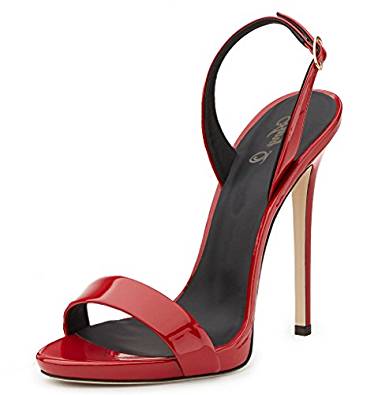 Patent leather stiletto heel sling-back sandals in red, black, gold and beige