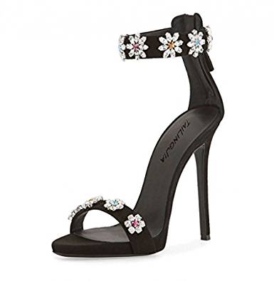Black floral crystal embossed stiletto heel ankle-strap sandals
