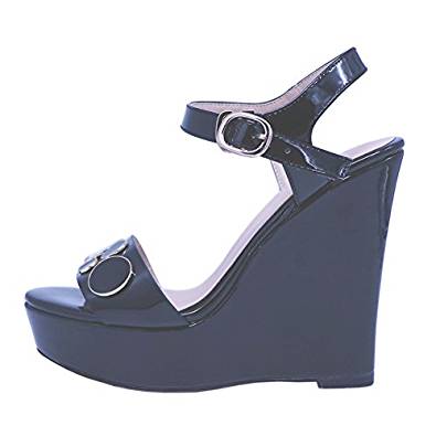 Wedge heel summer sandals with button detail strap in black and beige